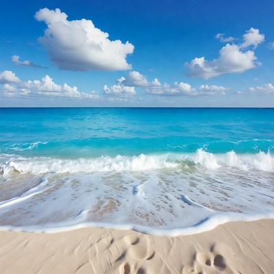 Sandy Beach with Footprints and Turquoise Ocean