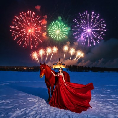 Woman in red gown with horse and fireworks