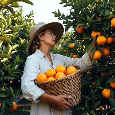 Woman harvesting oranges in orchard