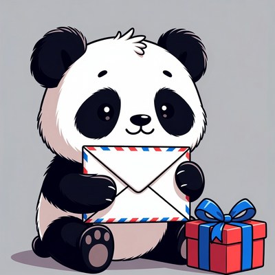 Cute panda holding letter and gift