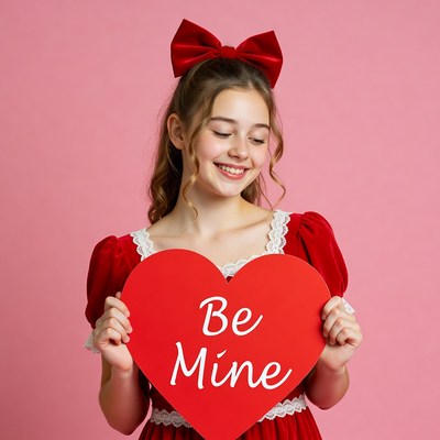 Girl holding Be Mine heart sign