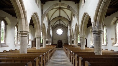 Empty Gothic Church Interior with Wooden Pews