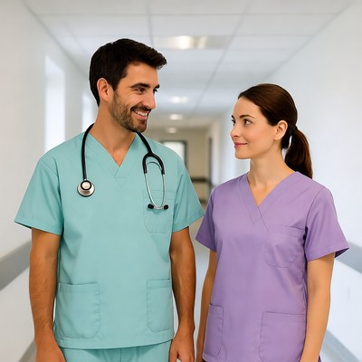 Male and female doctors smiling in hospital corridor