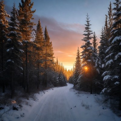 Snowy Forest Path at Sunset