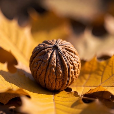 Walnut on yellow autumn leaves