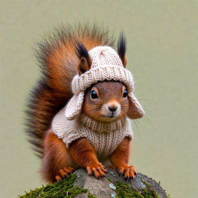 Red squirrel wearing knitted hat and sweater