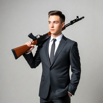 Young man in suit holding AK-47