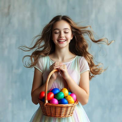Girl holding Easter basket with colored eggs