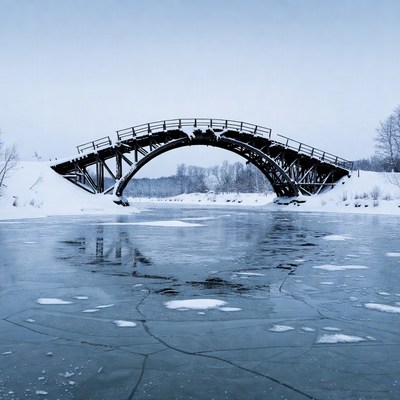 Wooden Arch Bridge Over Frozen River