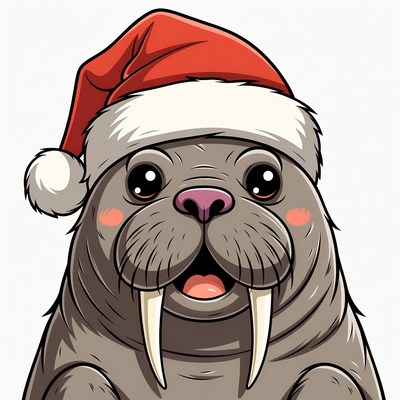 Cartoon Walrus Wearing Santa Hat