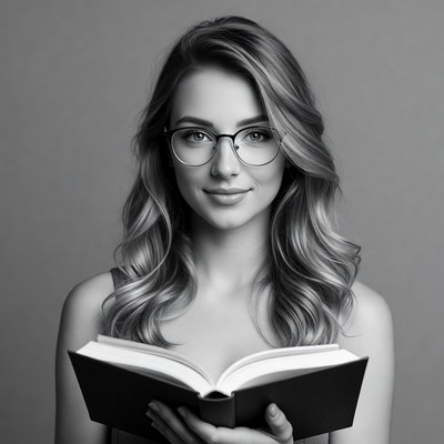 Woman reading book with glasses