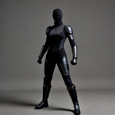 Woman in black futuristic armor suit