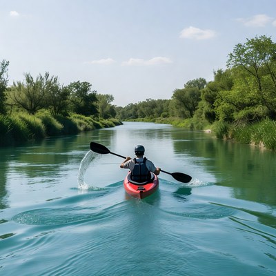 Man kayaking on green river