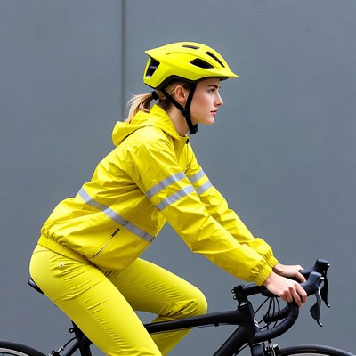 Woman cycling in yellow helmet and rain jacket