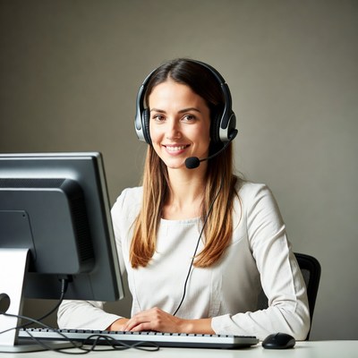 Smiling woman customer service agent headset