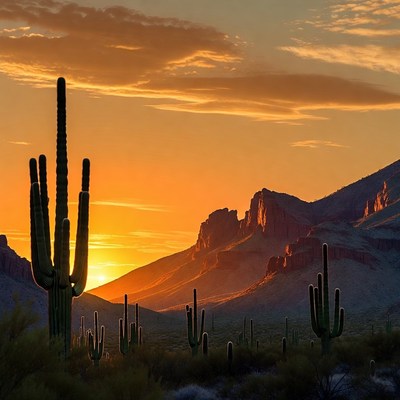Saguaro Cacti at Sunset with Mountains