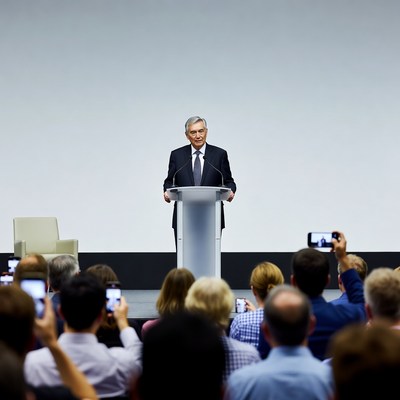 Man speaking at podium to audience