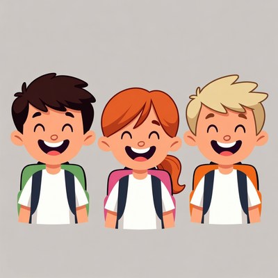 Three Happy Children with Backpacks