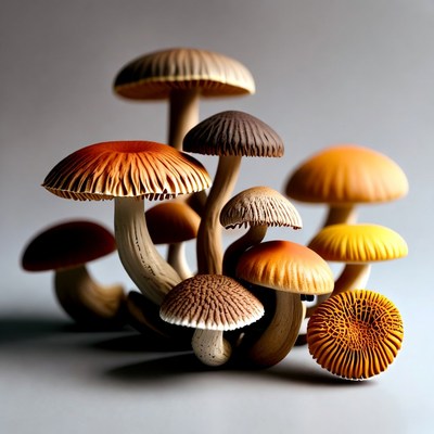 Colorful mushrooms on gray background