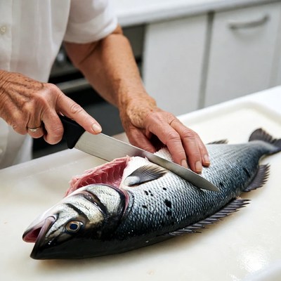 Woman filleting fish in kitchen