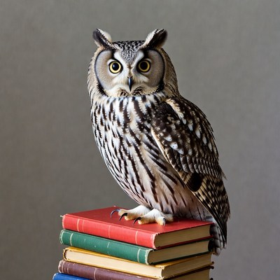 Owl perched on stack of books