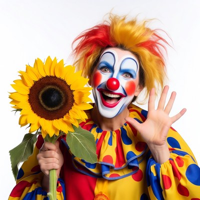 Clown woman holding sunflower