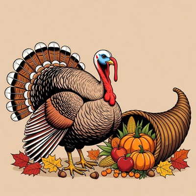 Turkey with cornucopia and fall harvest