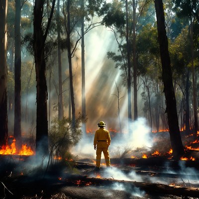 Firefighter in burning eucalyptus forest