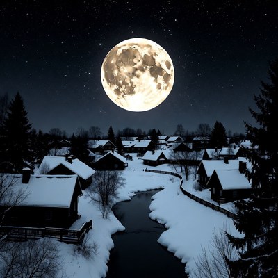 Full Moon Over Snowy Village