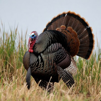 Male turkey displaying feathers in grass