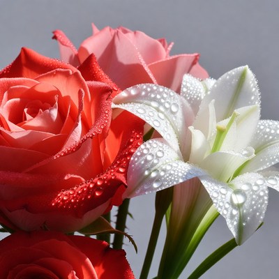 Red Pink White Roses and Lily with Dew