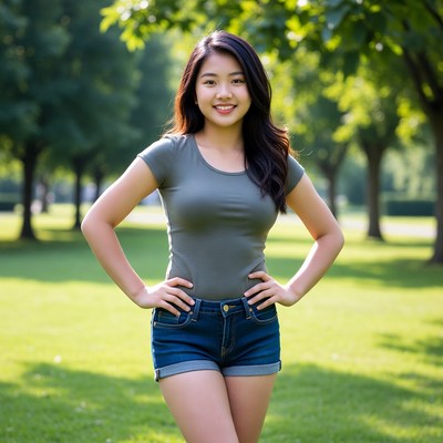 Asian woman smiling in park