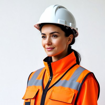 Woman in orange safety vest and hard hat