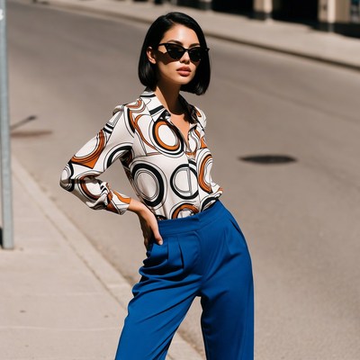 Asian woman in patterned shirt and blue pants