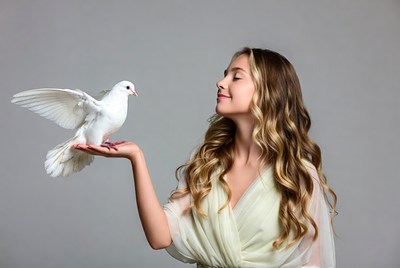 Young woman holding white dove