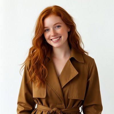 Smiling woman with red hair in trench coat