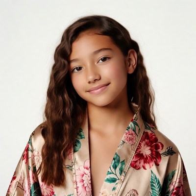 Asian girl in floral silk robe
