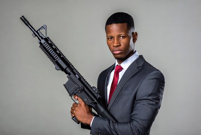African-American man in suit holding rifle