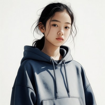 Asian girl in navy hoodie