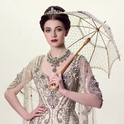 Woman in pearl gown holding lace umbrella