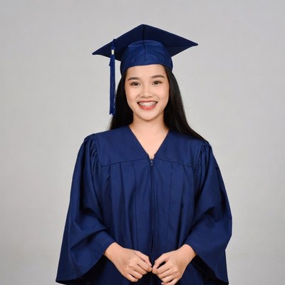 Asian woman in blue graduation gown