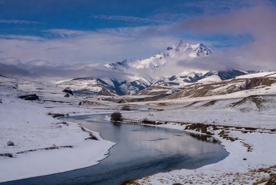 Snowy Mountain River Valley Landscape