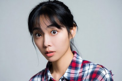 Asian woman in plaid shirt