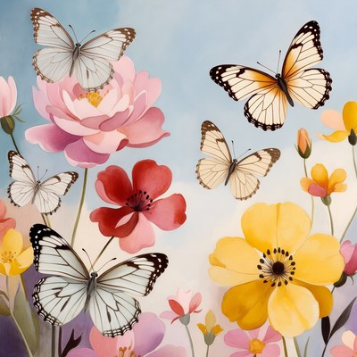 Colorful Butterflies Flying Among Flowers