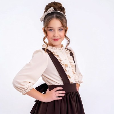 Girl in frilly cream blouse and brown pinafore