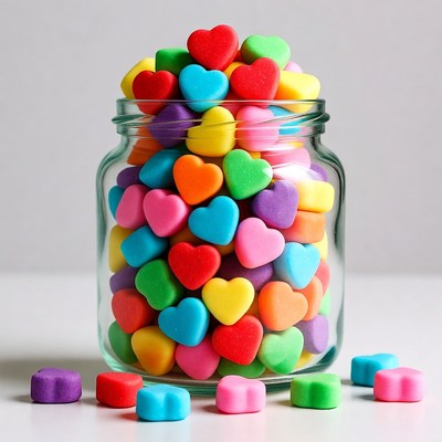 Colorful Heart-Shaped Candies in Glass Jar