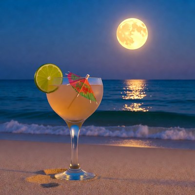 Cocktail with lime on beach under full moon
