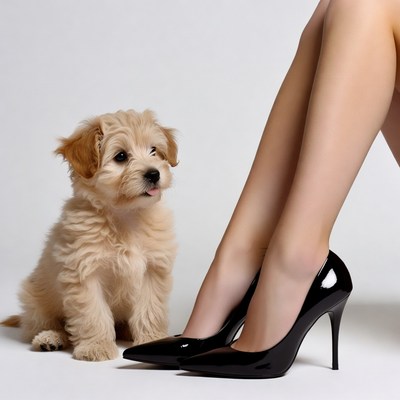 Puppy with woman's high heels