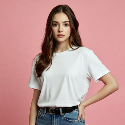 Young woman in white t-shirt pink background