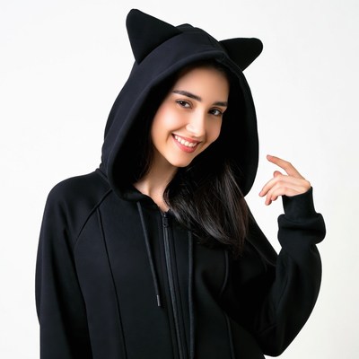 Woman in black cat ear hoodie